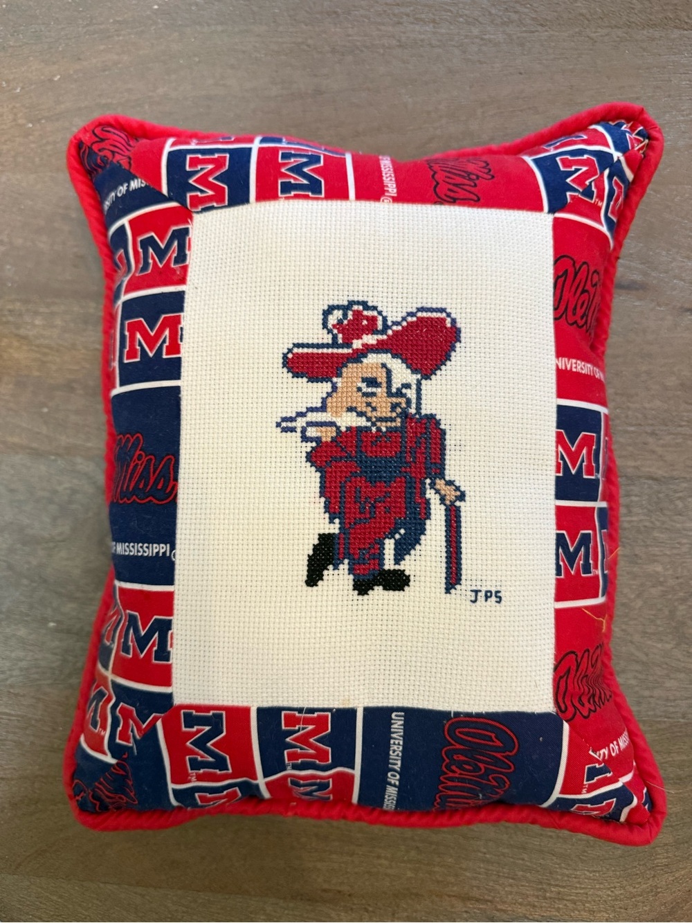 Handmade Ole Miss Mascot Needlepoint Accent Pillow - Red & Navy